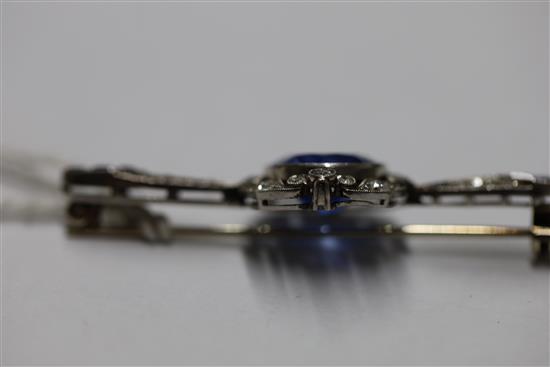 An early 20th century French platinum, sapphire and diamond bar brooch,